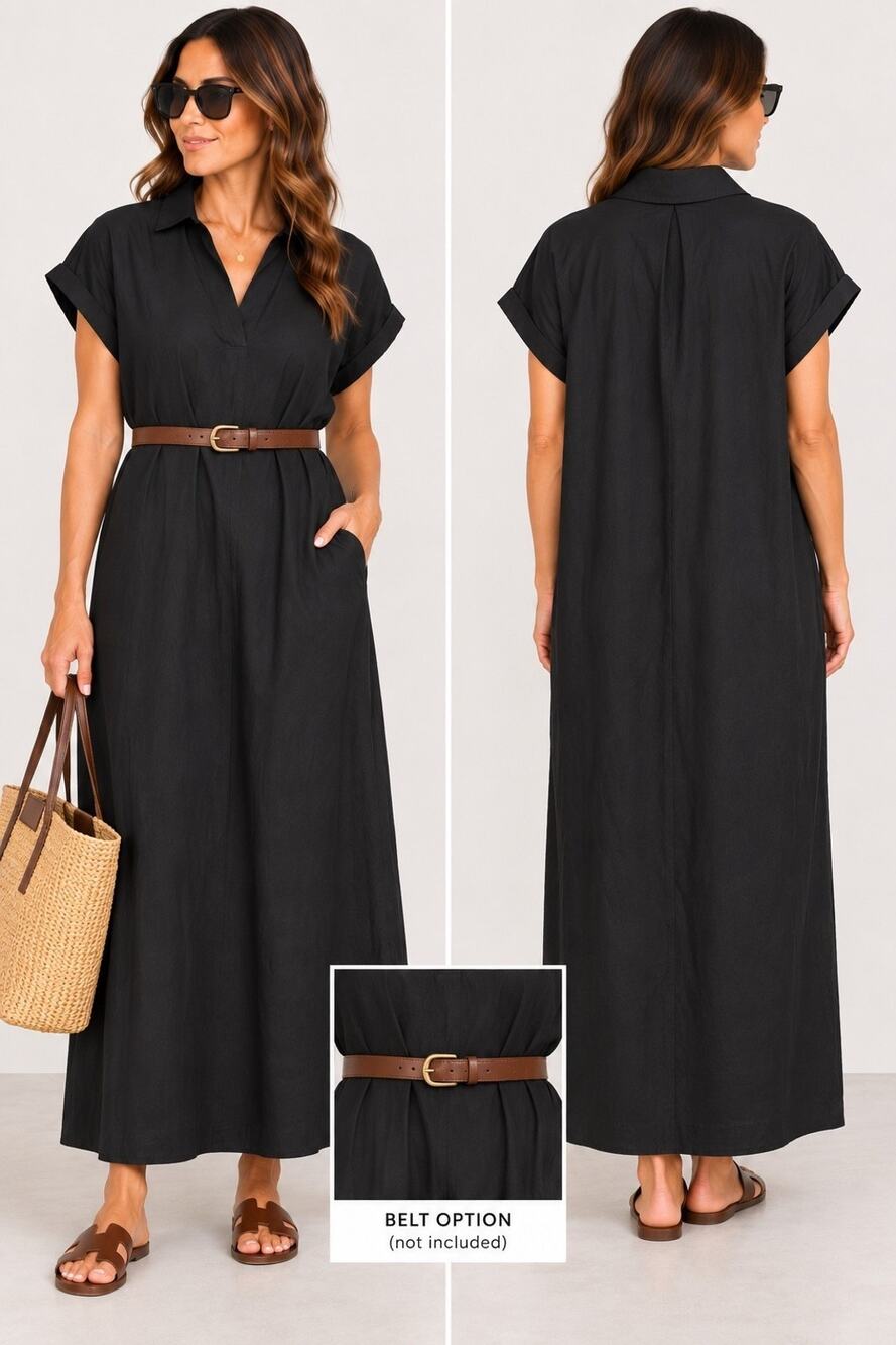 UNIQLO WOMENS BLACK MAXI SHIRT DRESS SHORT SLEEVE POCKETS SIZE M